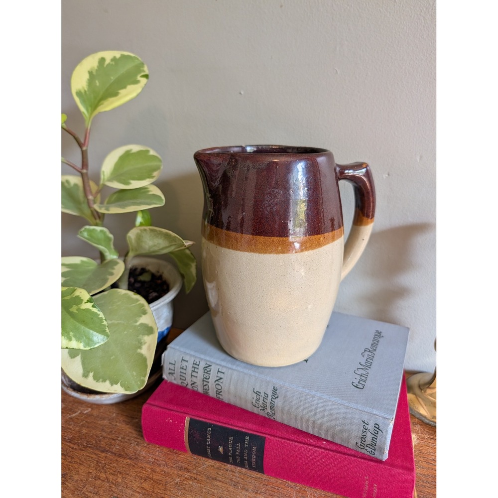 Vintage Two Tone Stoneware Pitcher Brown and Tan Glazed Farmhouse Crock Jug 7in